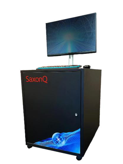 First-generation SaxonQ desktop quantum computer with attached monitor